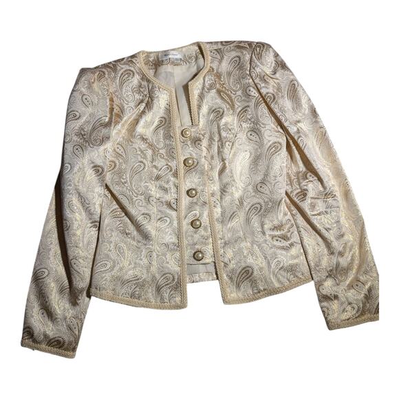Vtg 1990s Marilyn Graham Ivory Satin Gold Paisley Pearl Button Glam Jacket Sz S - Picture 1 of 3